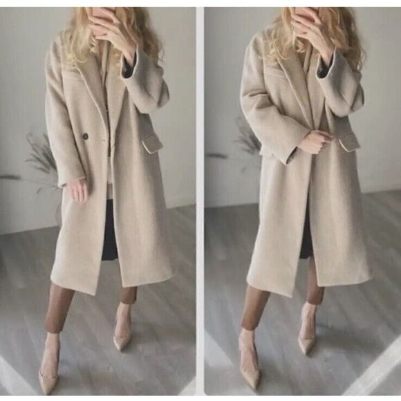 Zara Double Breasted herringbone print Beige Lapels Coat Medium - Picture 1 of 12